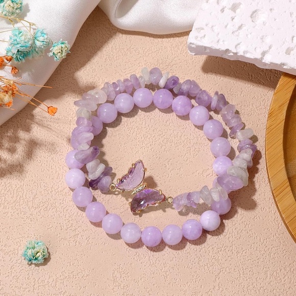 Hand Crafted Jewelry - 🆕New Purple Jade Crystal Bracelet Set with Butterfly Charm